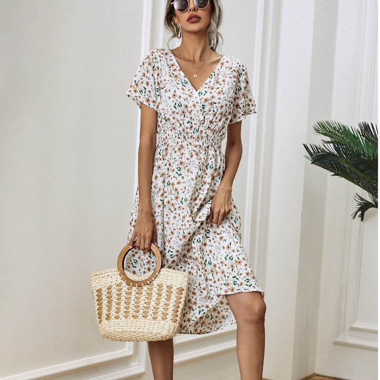 Dame Elegant Floral A-linje Midi Kjole Stilla