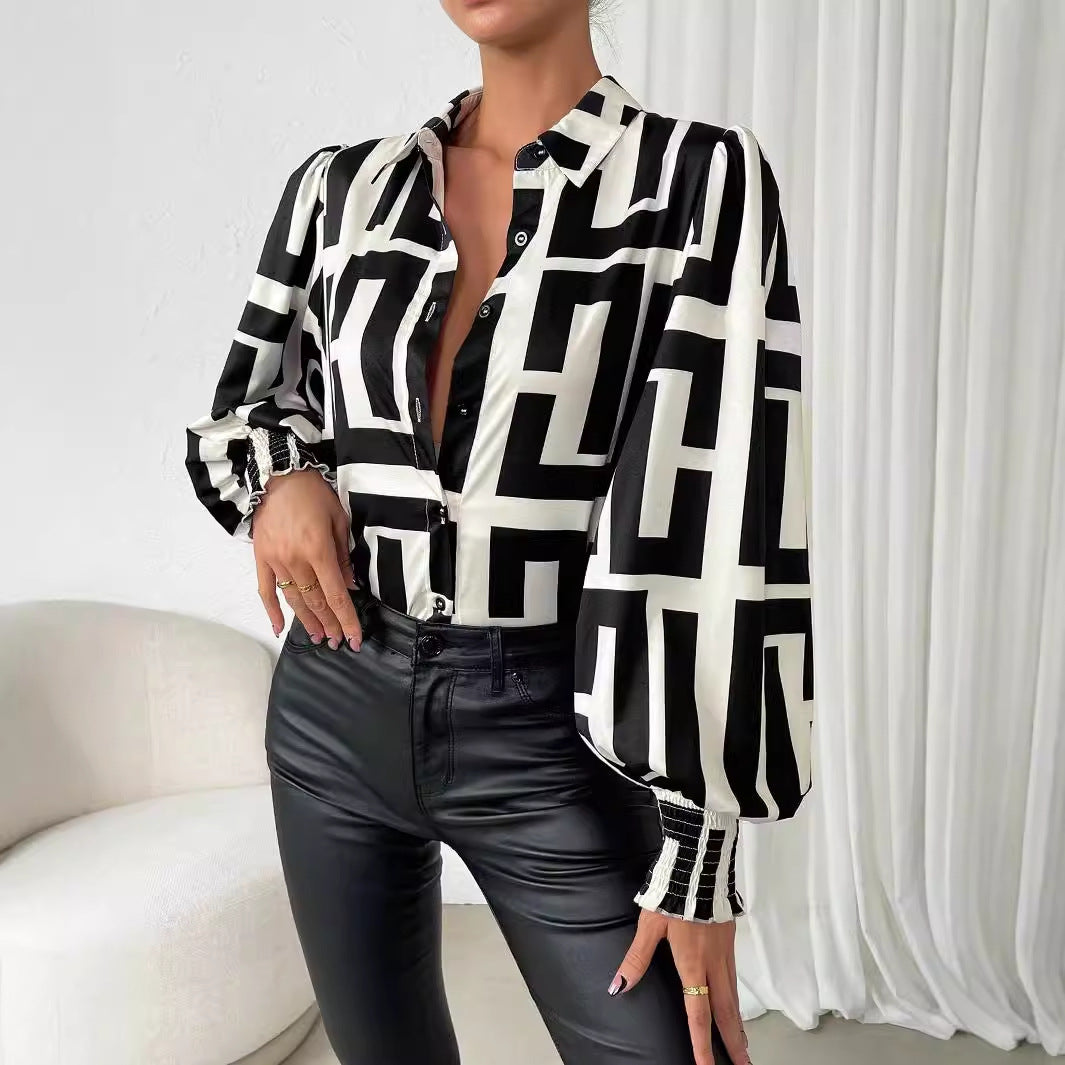 Dame Elegant Bluse med voluminøse ærmer og geometrisk mønster Stilla