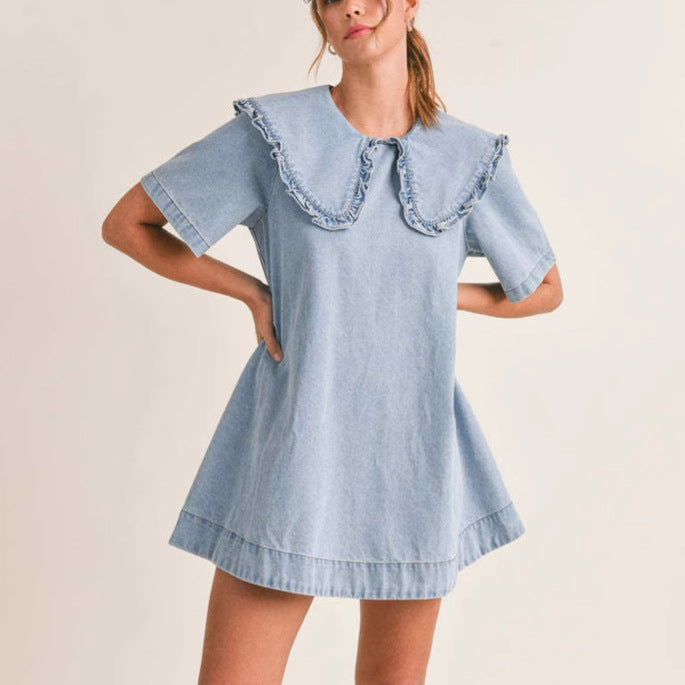 Dame denimkjole med voluminøse flæse detaljer Stilla