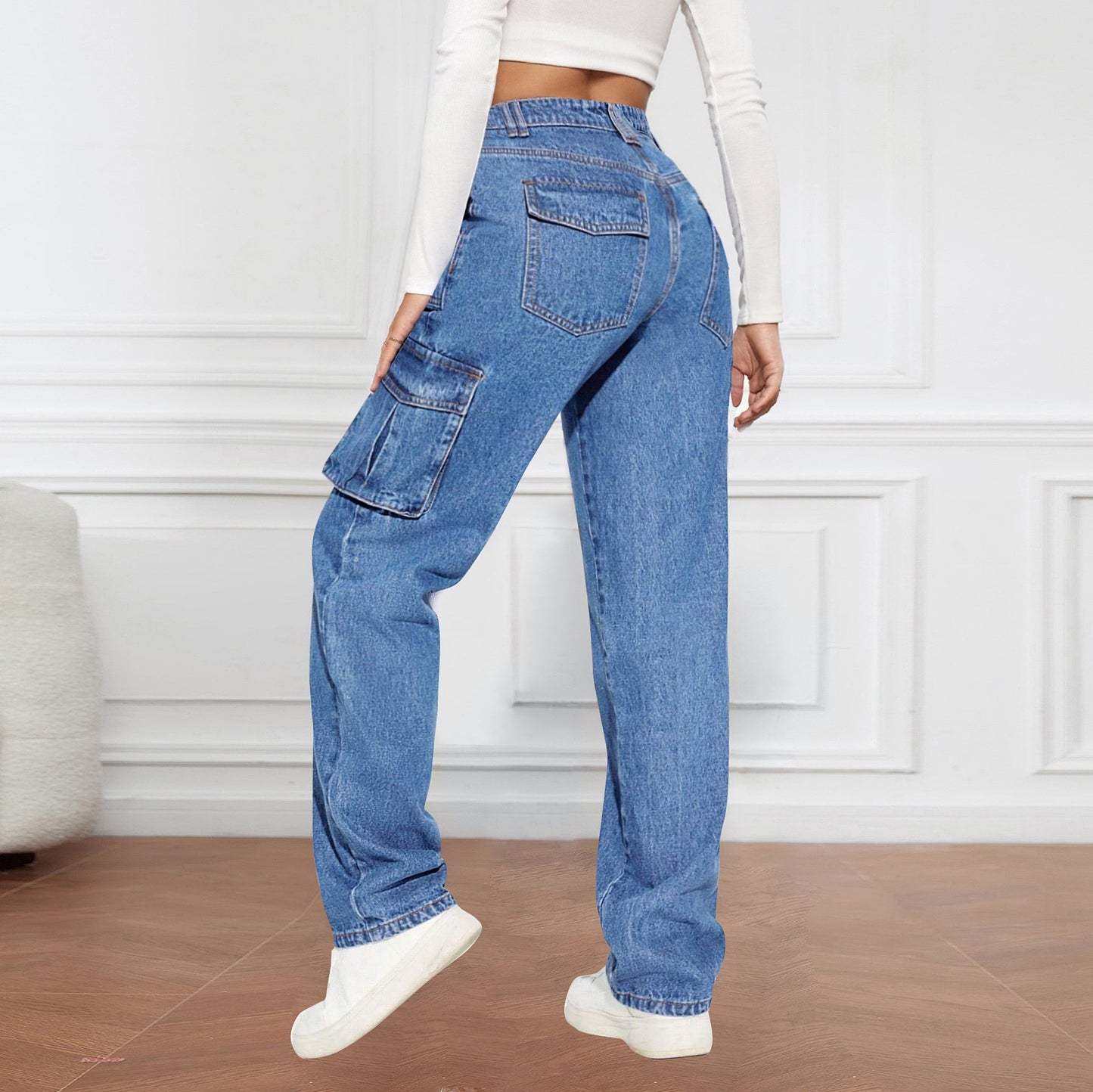 Dame Cargo Jeans med høje sidelommer og elastisk kant Stilla