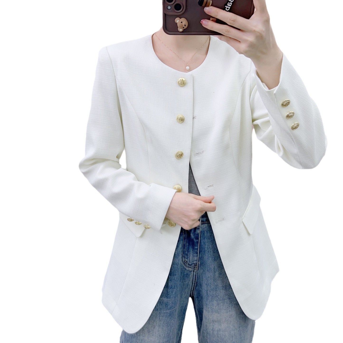 Dame Elegant Blazerjakke med gyldne knappedetaljer og struktureret design Stilla