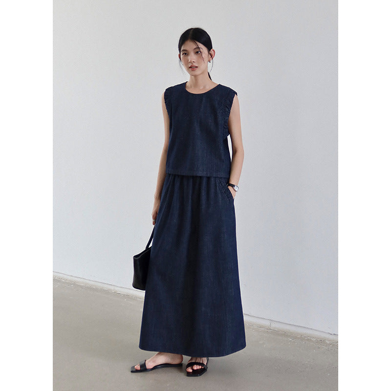 Dame elegant A-linje Midi-nederdel med elastisk talje og praktiske lommer Stilla