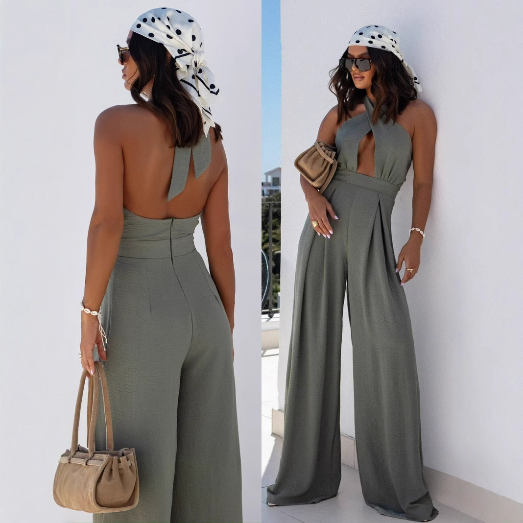 Damer Elegant Jumpsuit med dyb udskæring og bredt skåret ben Stilla