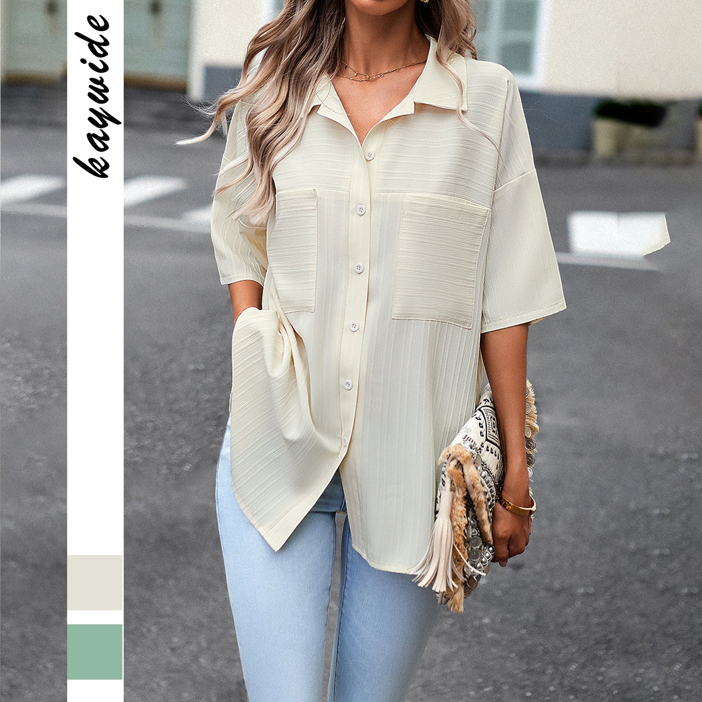 Dame afslappet bluse med fin ribstruktur og to praktiske brystlommer Stilla