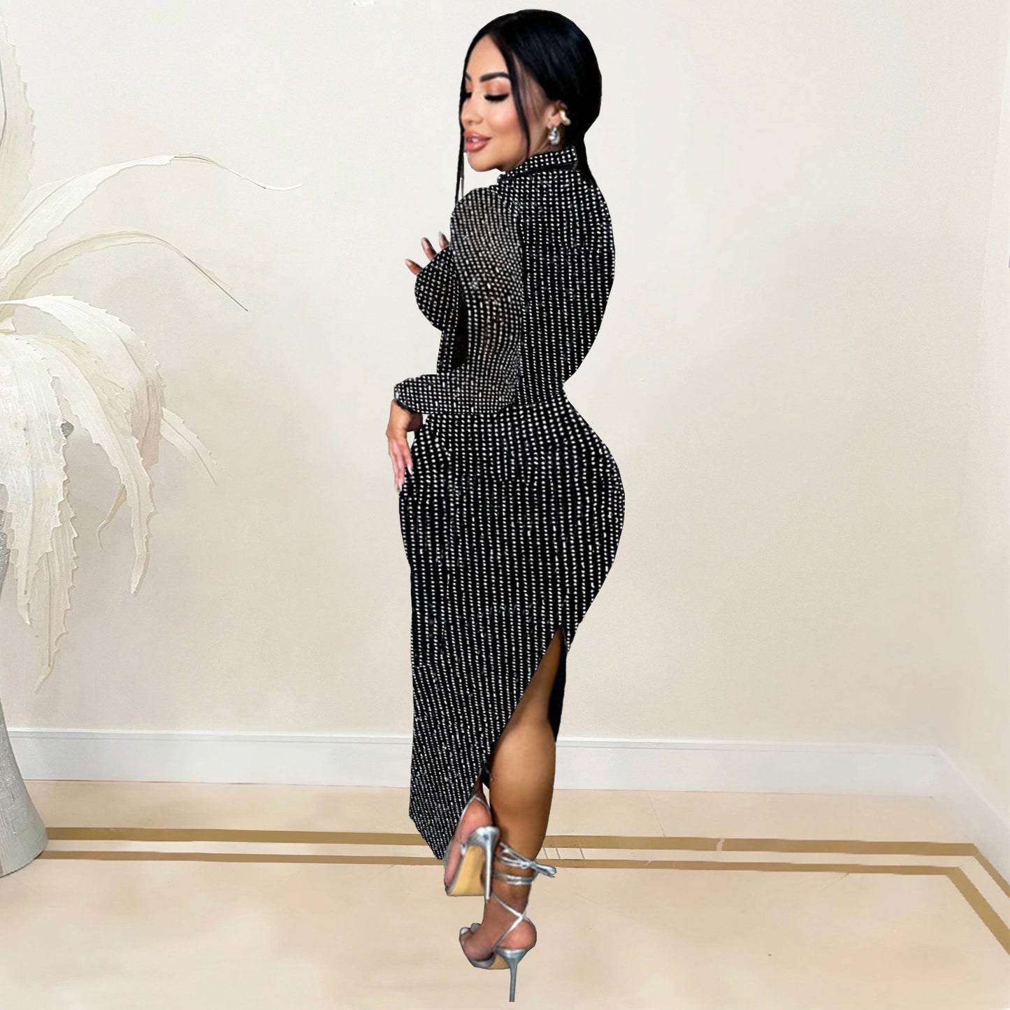 Dame elegant glimmer-sæt med højhalset overdel og figursyet silhuet Stilla