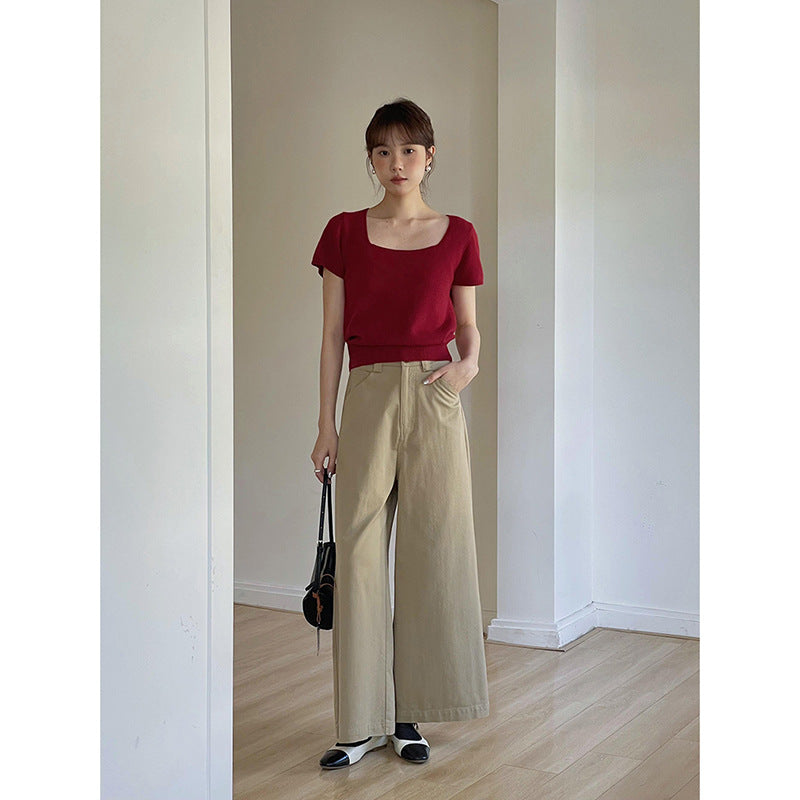 Dame elegant bredskåret bukser med høj talje og praktiske lommer Stilla