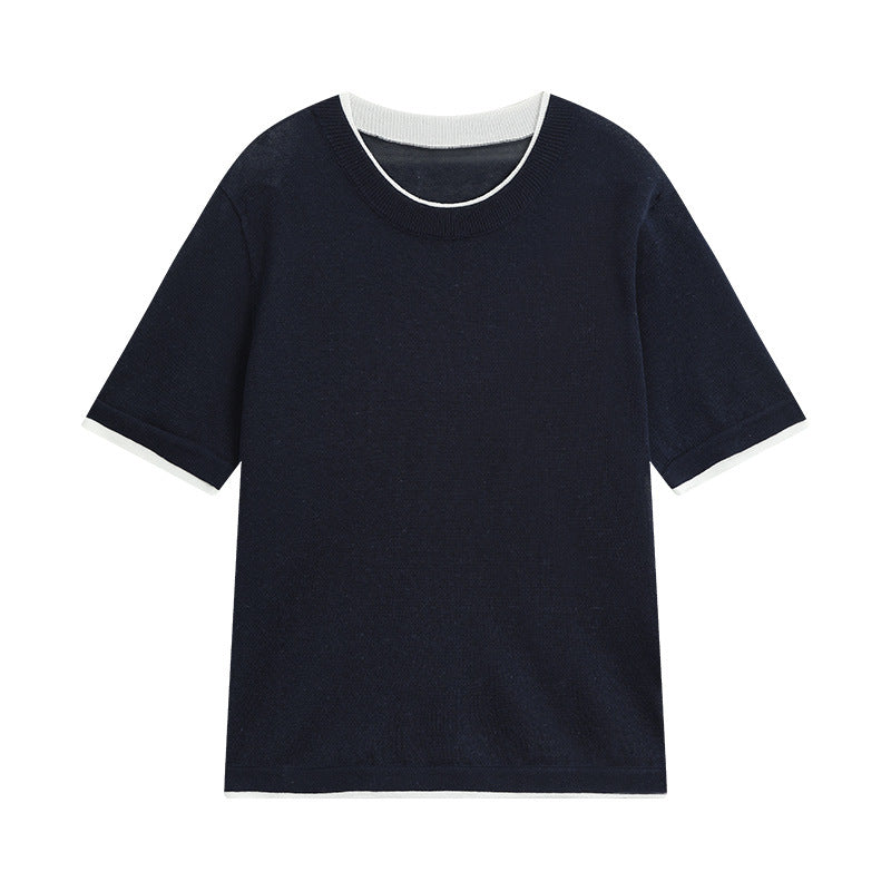 Dame afslappet netshirt med høj rund halsudskæring og korte ærmer Stilla