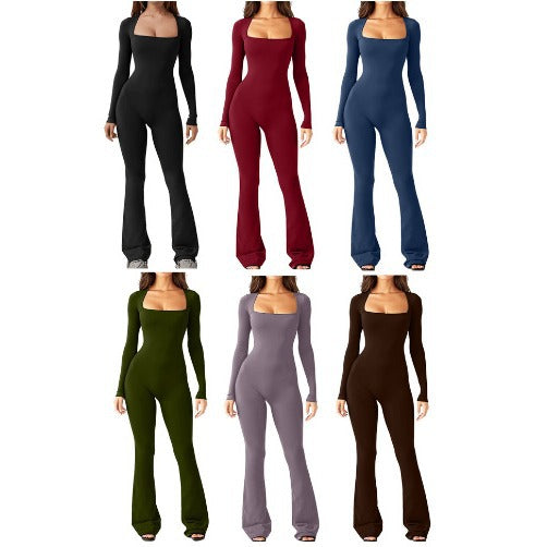 Dame Langærmet Jumpsuit med bredt ben og kvadratisk udskæring Stilla