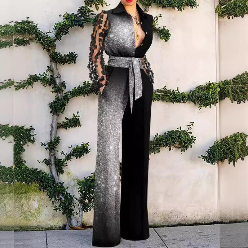 Dame Elegant Jumpsuit med gennemsigtige ærmer og glimtende accenter Stilla