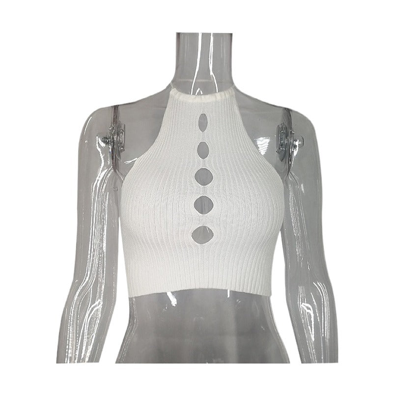 Dame Cropped Striktop med knapdetaljer og høj krave Stilla