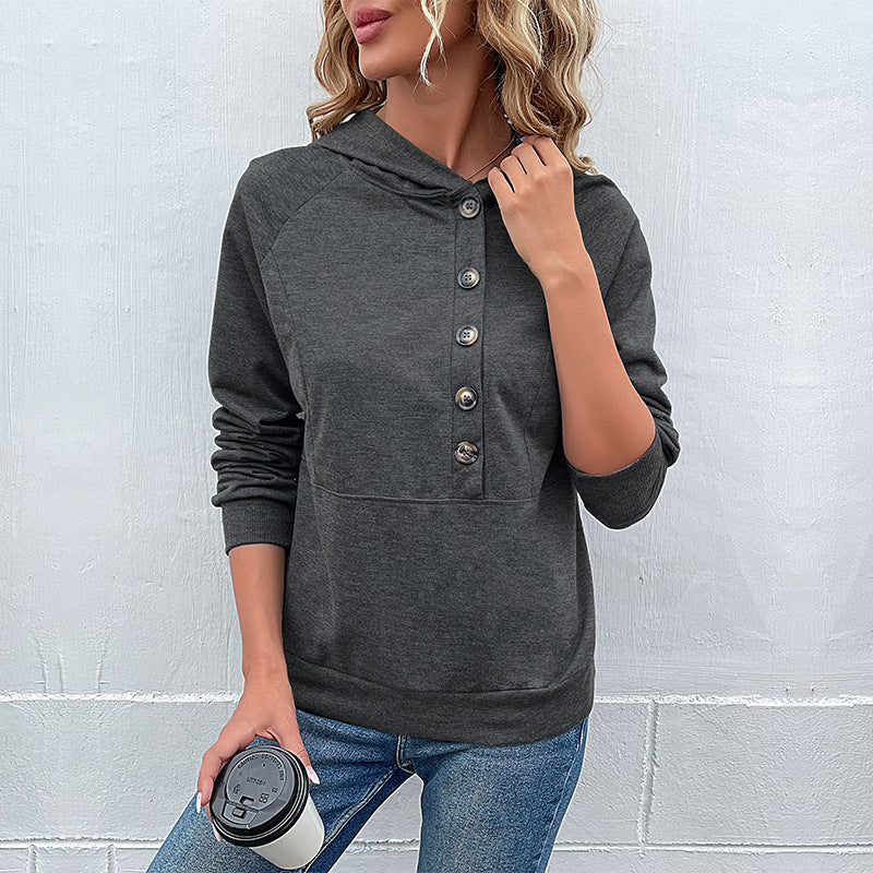 Dame afslappet hættetrøje med knaplukning og raglanærmer Stilla