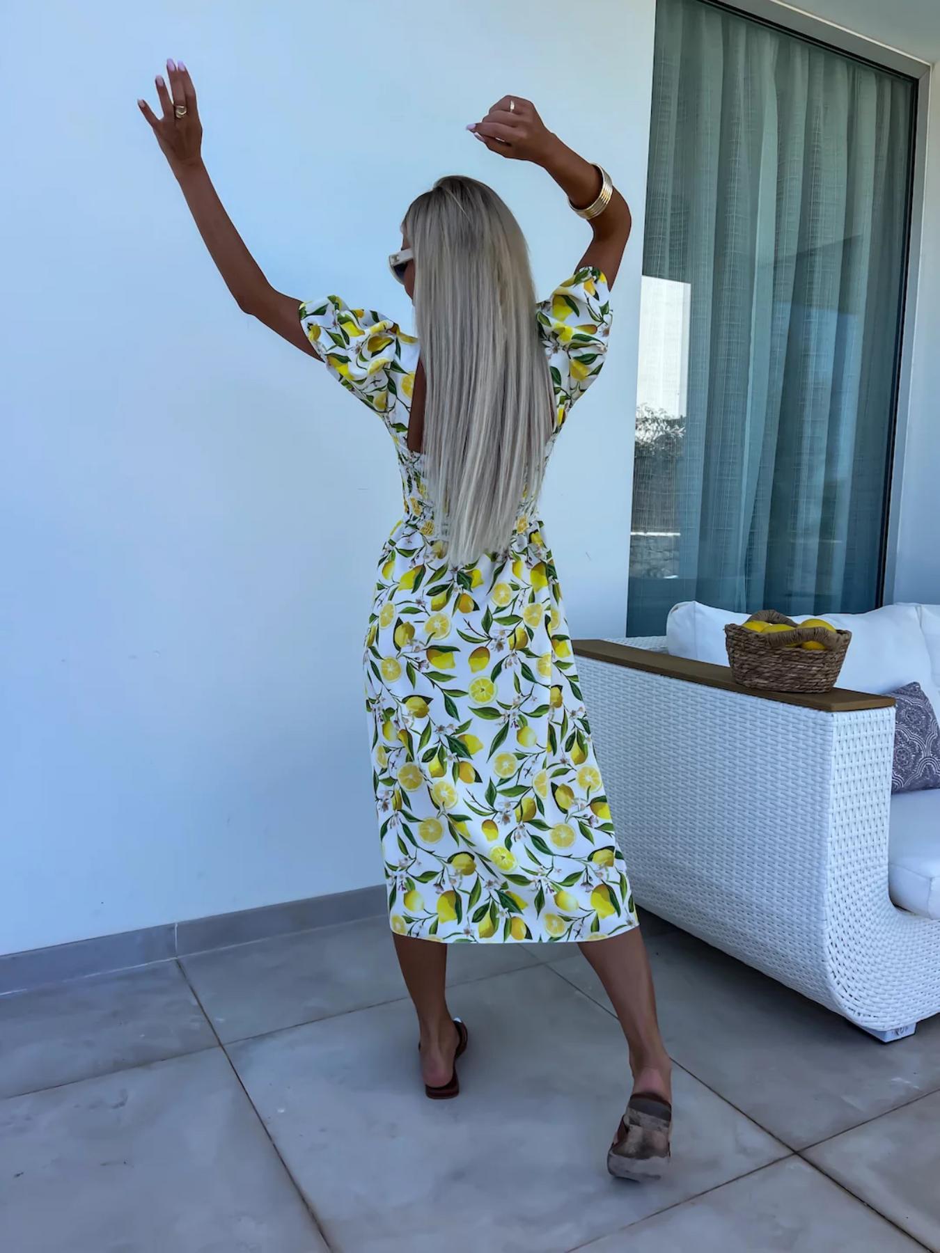 Dame Cut-Out Citron-Print Midi Kjole Stilla