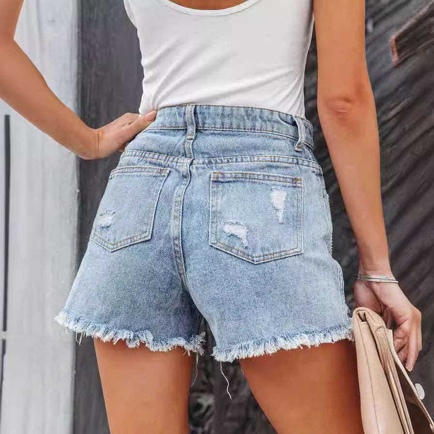 Dame jeans shorts med iøjnefaldende frynse-design og distressed detaljer Stilla