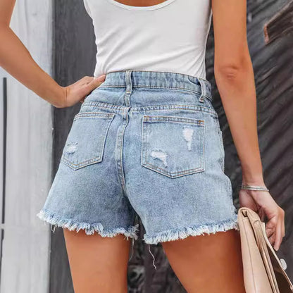 Dame jeans shorts med iøjnefaldende frynse-design og distressed detaljer Stilla