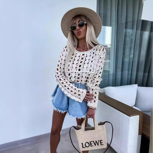 Dame elegant hækleoverdel med vidde ærmer Stilla