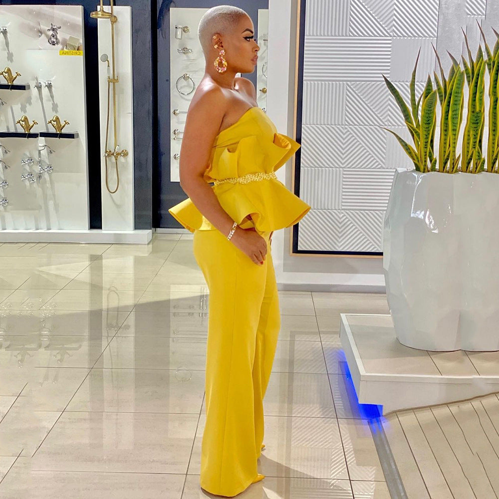 Dame elegant jumpsuit med rynkedesignet overdel og bred ben Stilla