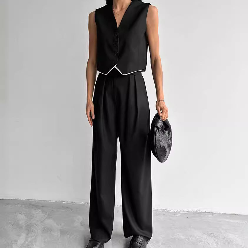 Dame Elegant Cropped Blazer-Sæt med bred buks og moderigtige accenter Stilla