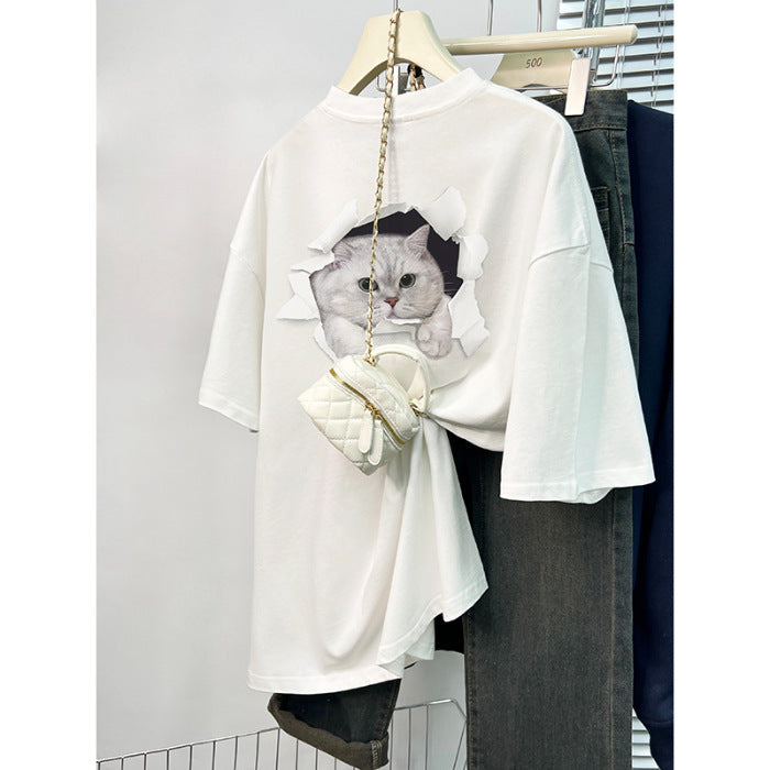 Dame T-shirt med kreativt kattemotiv gennem gennemboret væg Stilla