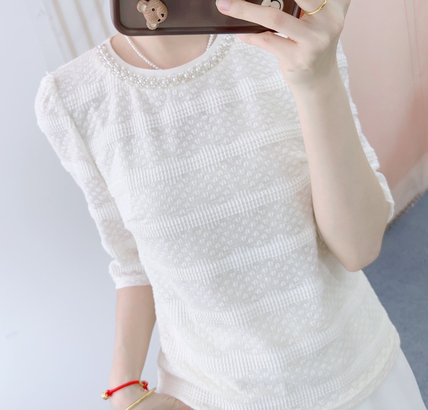 Dame Elegant Bluse med perleprydet krave og struktureret mønster Stilla