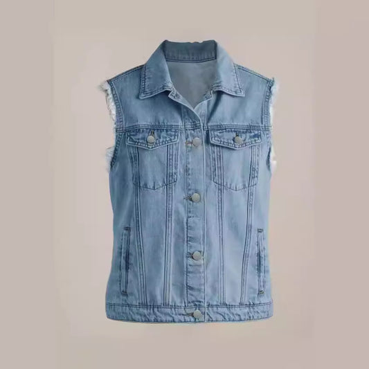 Dame Denim Vest med frynset kanter og funktionelle lommer Stilla