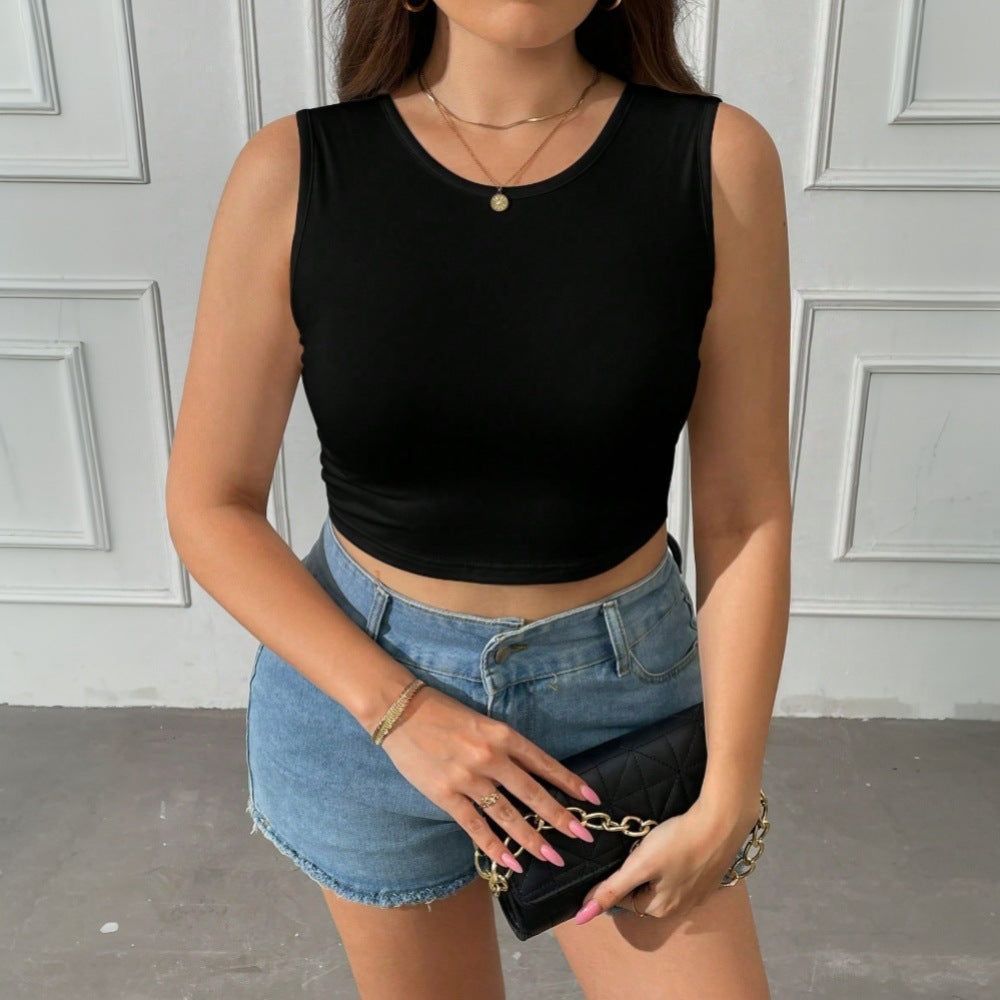 Dame cropped top i elastisk jersey med rund halsudskæring Stilla