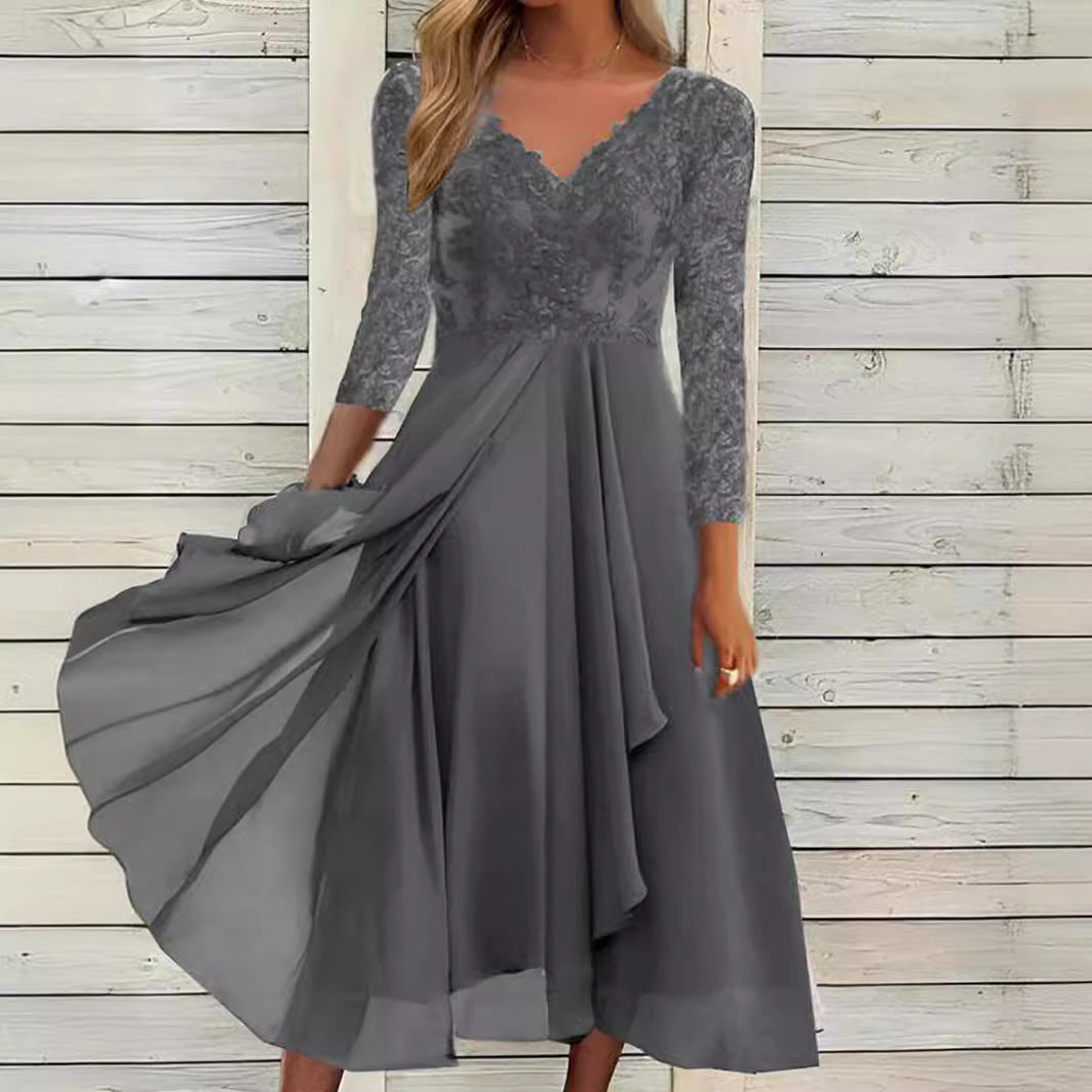 Dame Elegant aftenkjole med spidsetop og flydende nederdel Stilla