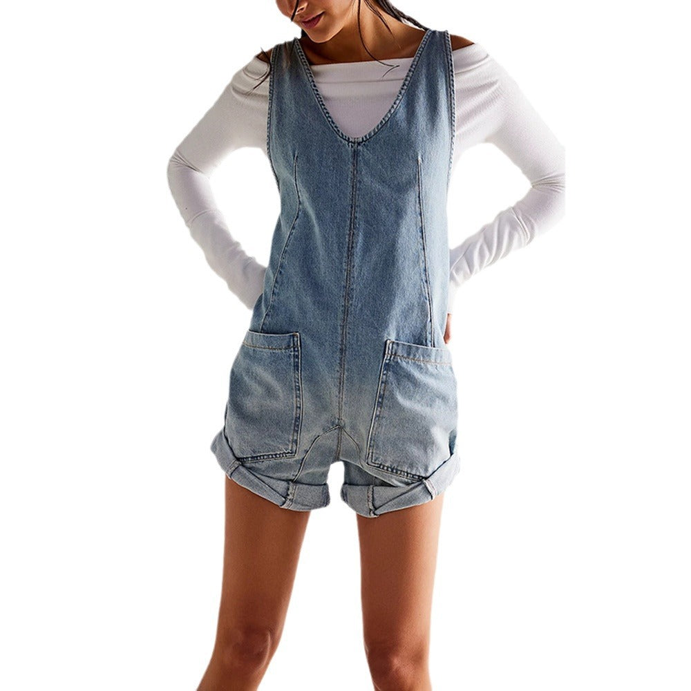 Stilla | Vaskede Denim Justerbare Strop Shorts Jumpsuit