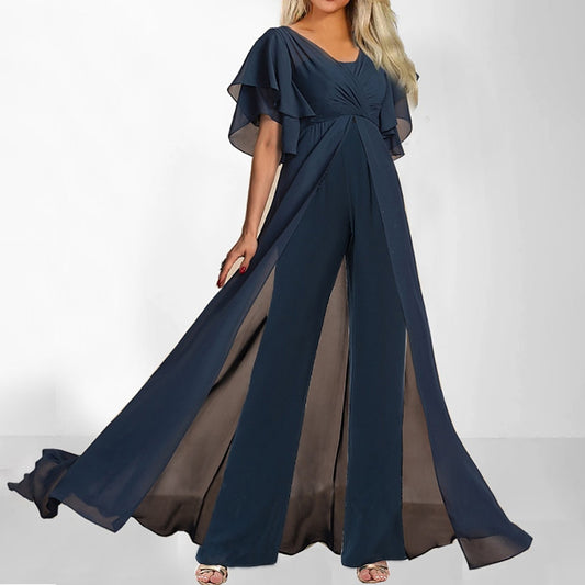 Dame Elegant Palazzo-jumpsuit med svajende ærmer og gennemsigtige indsatser Stilla