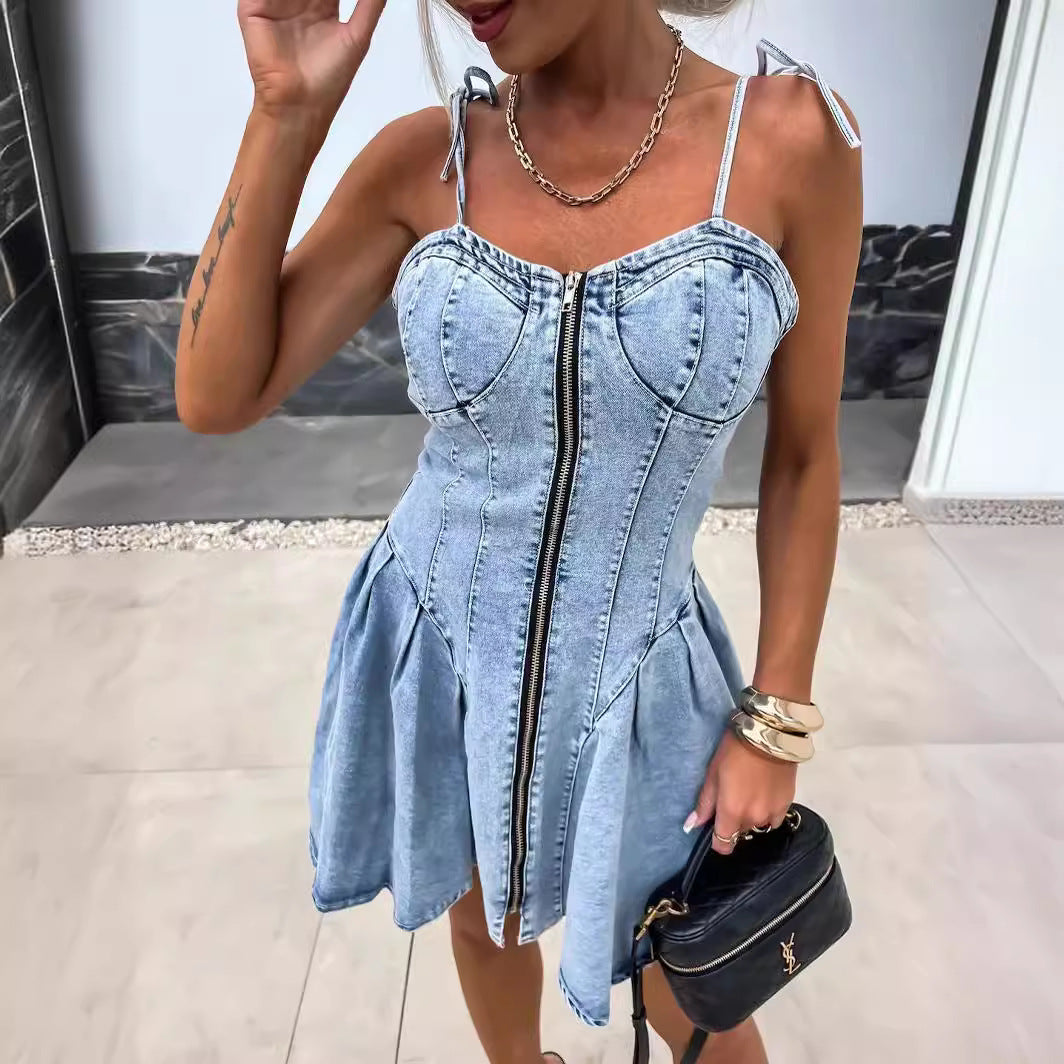 Dame Denim Kjole i Korsetstil med Lynlås og Stropper Stilla