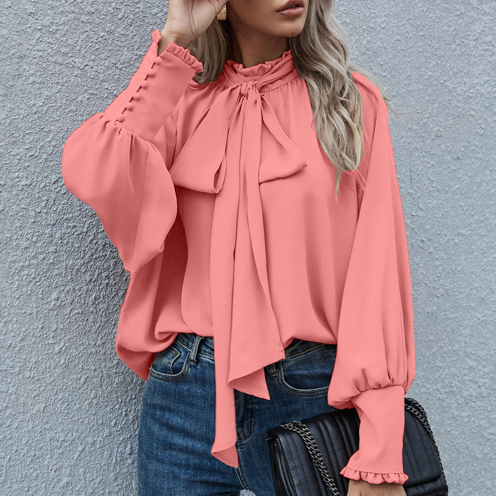 Dame Elegant Bluse med Bue og ballonformede Ærmer Stilla