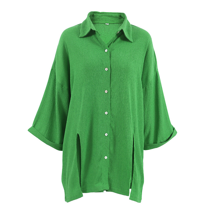 Dame afslappet oversized skjortebluse med struktureret materiale og korte ærmer Stilla