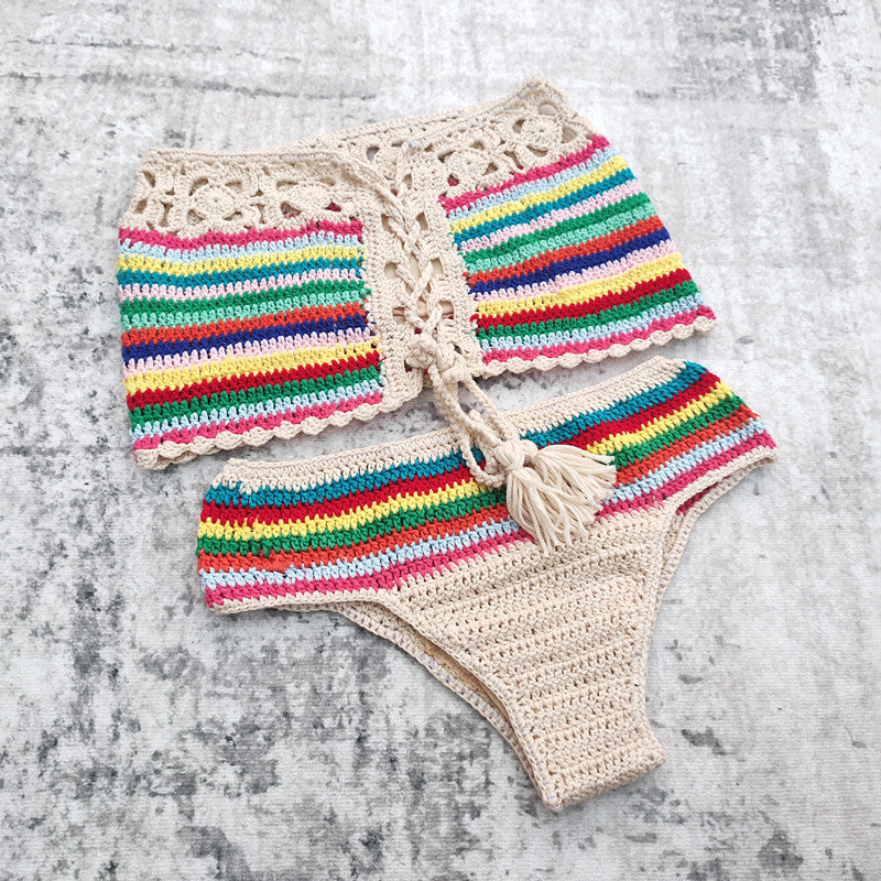 Dame Cropped Hækletop og Bikini shorts Sæt Stilla