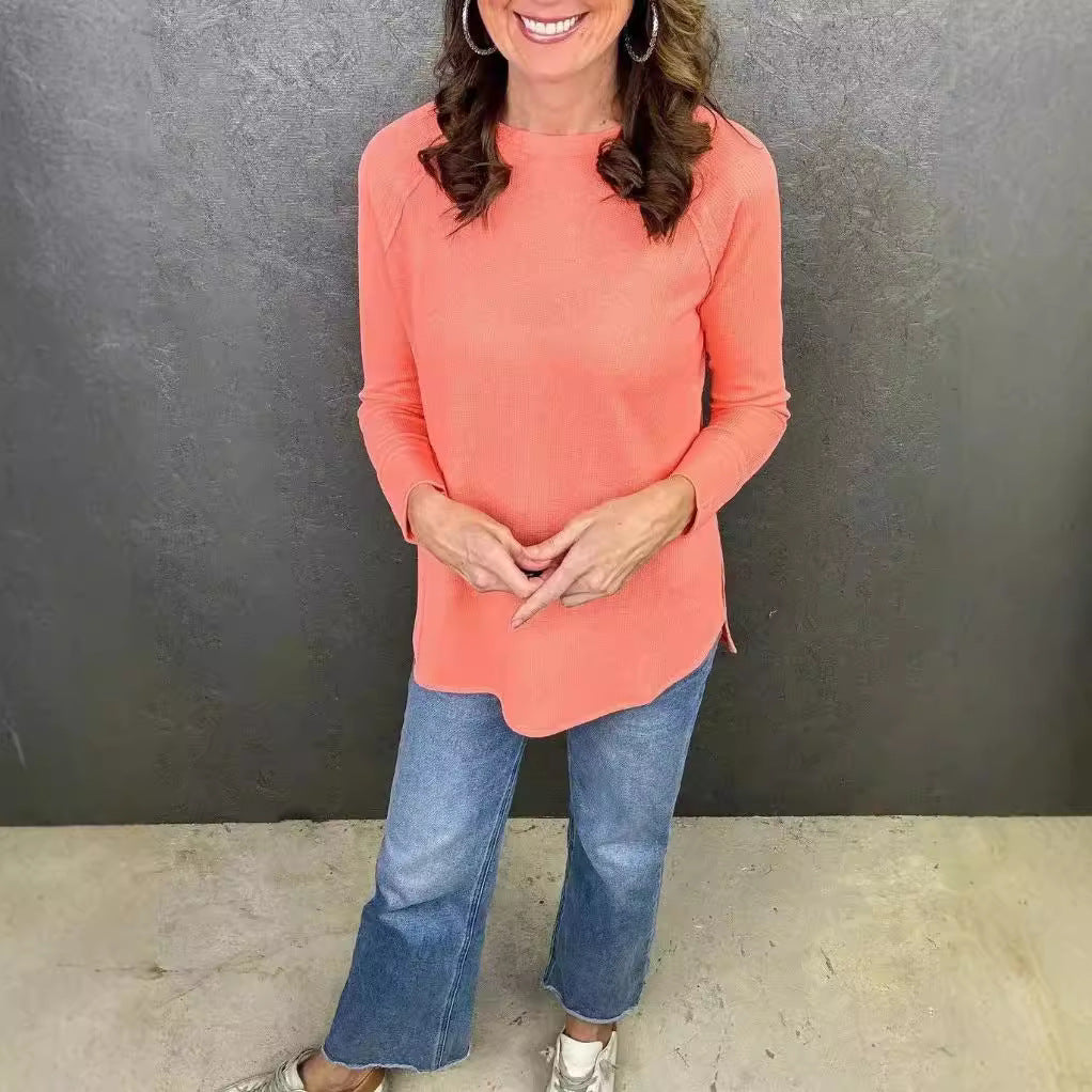 Dame afslappet langærmet skjorte med moderigtigt knude-detalje og struktur Stilla