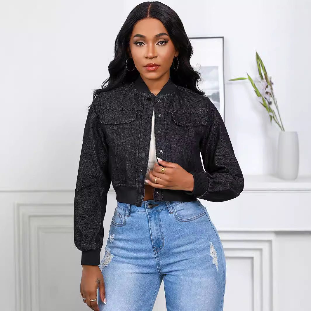 Dame cropped Denim-jakke med praktiske lommer og elastiske manchetter Stilla