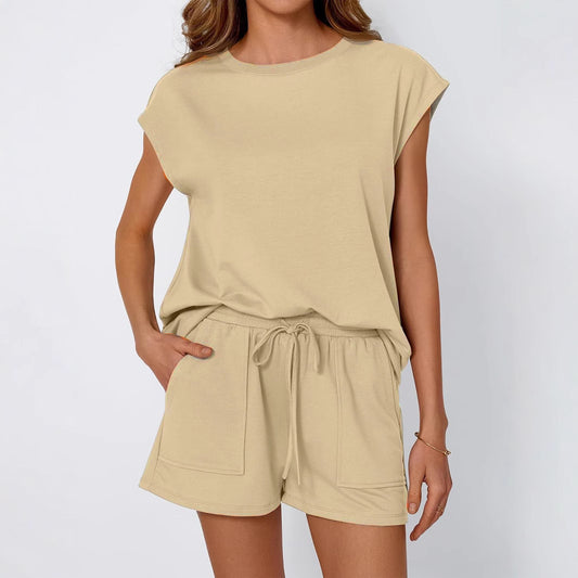 Dame afslappet kortærmet sæt med elastisk talje og praktiske lommer Stilla