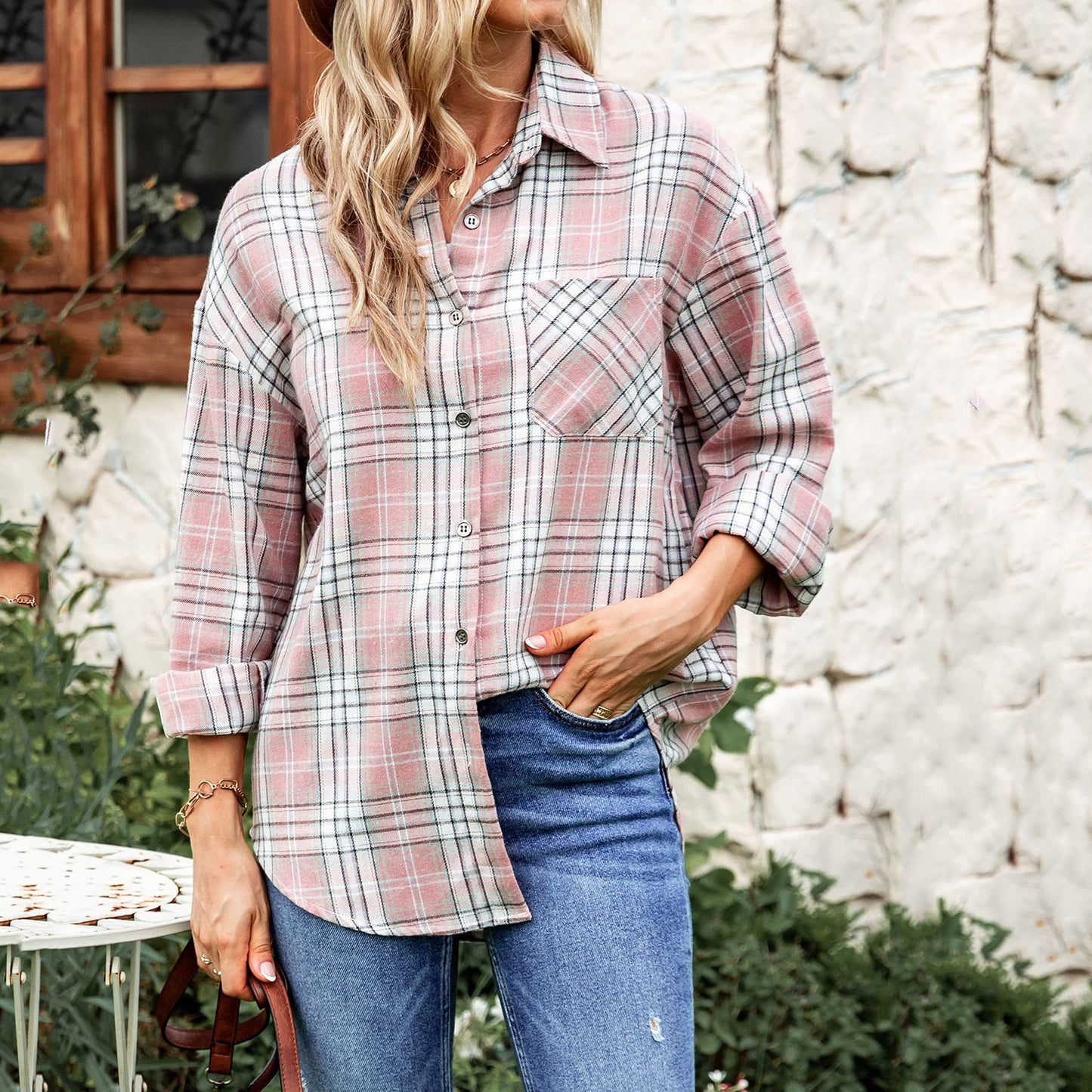 Femme Afslappet Fit Flannel Knap-Up Skjorte Stilla