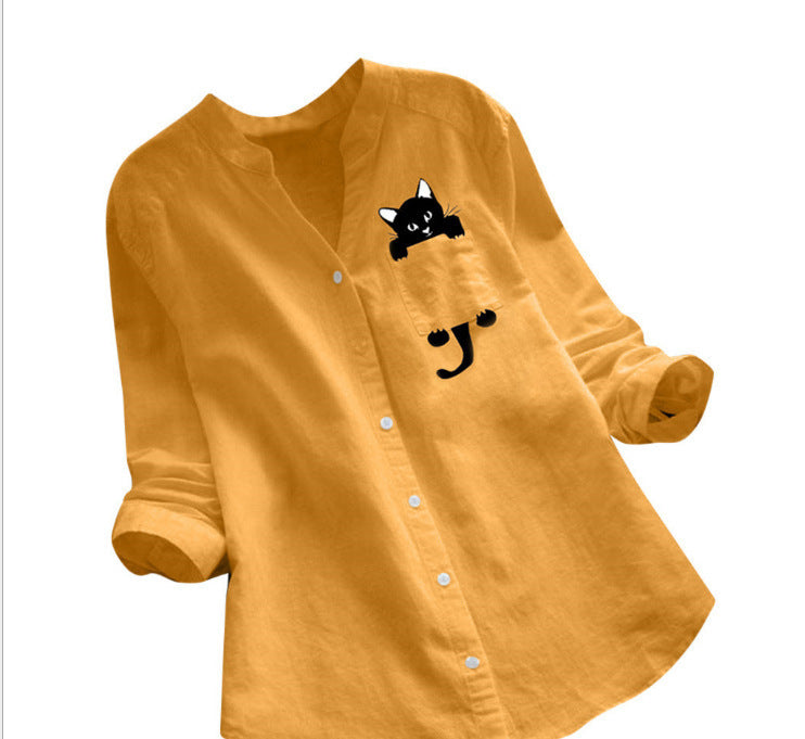 Dame afslappet skjorte med kattemotiv Stilla