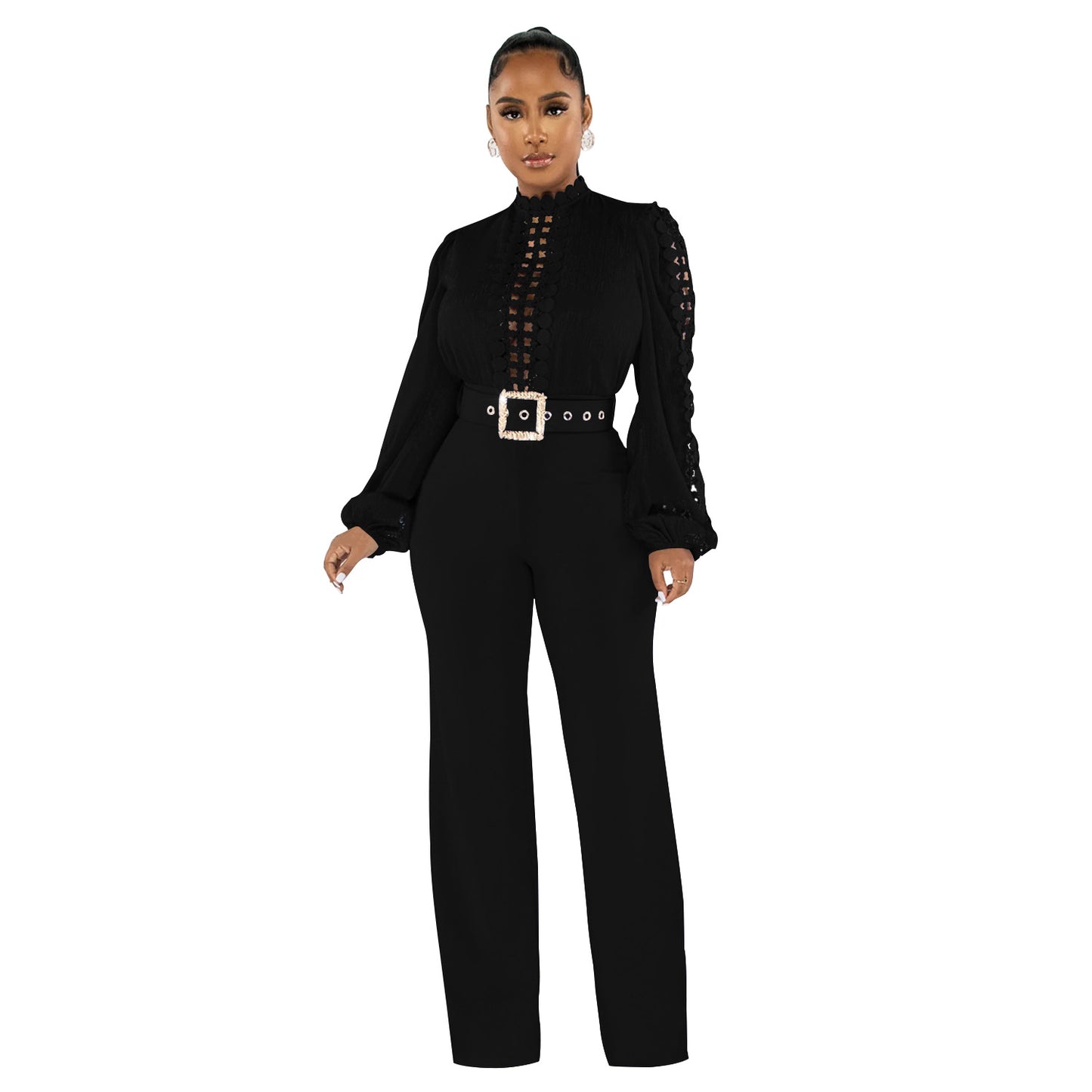 Dame Elegant Jumpsuit med Ryschenærmer og Taljebælte Stilla