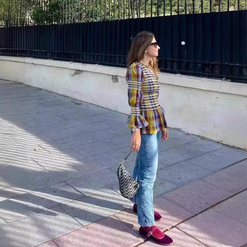 Dame A-linje bluse med blomstermønster og elegante puffærmer Stilla