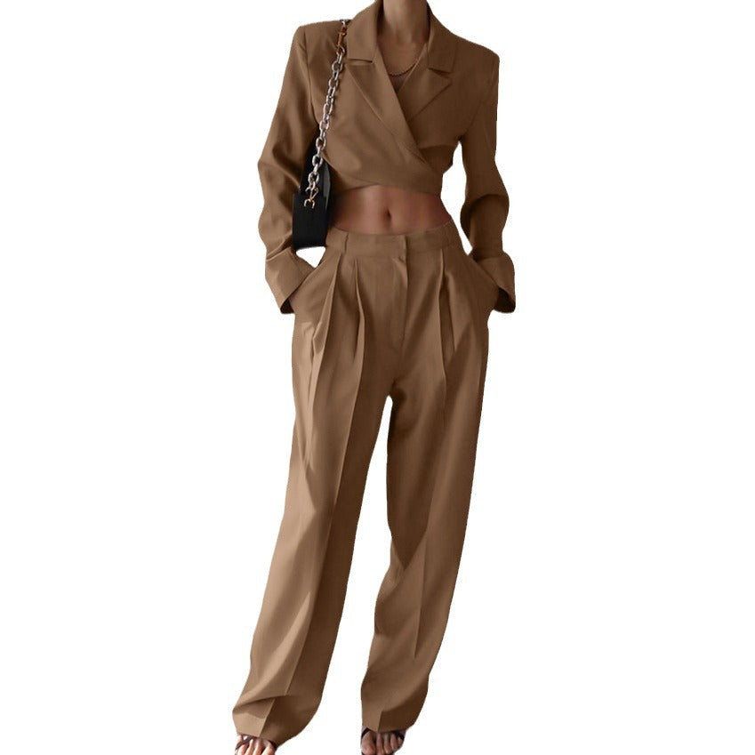 Dame elegant cropped blazer og brede bukser sæt Stilla