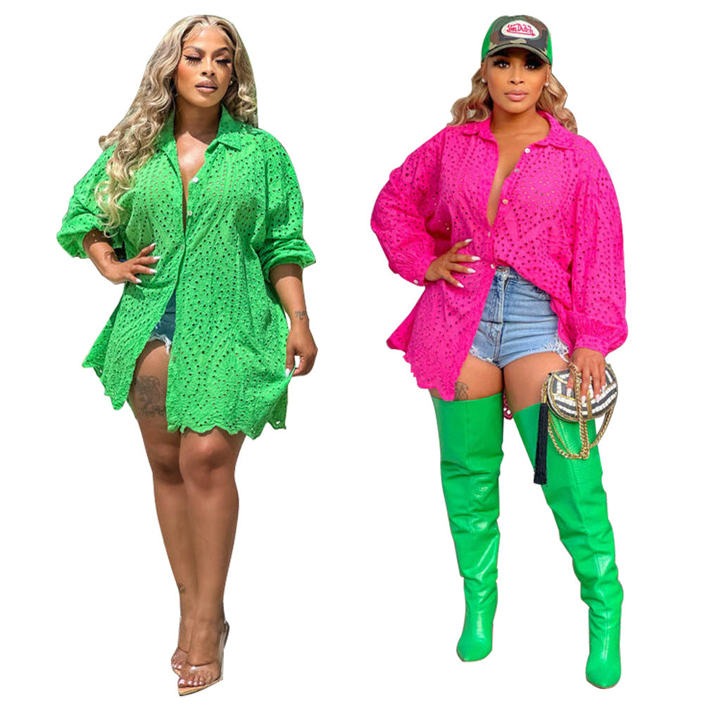 Dame afslappet oversized-bluse med hulmønster og skjortekrave Stilla