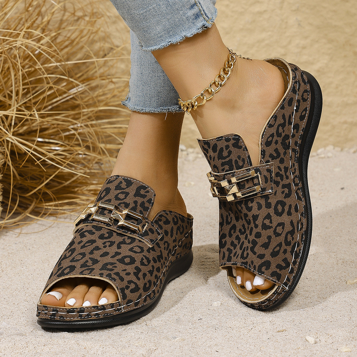 Dame Åbne Pantoletten med modig Leopardmønster og komfortabel Sål Stilla