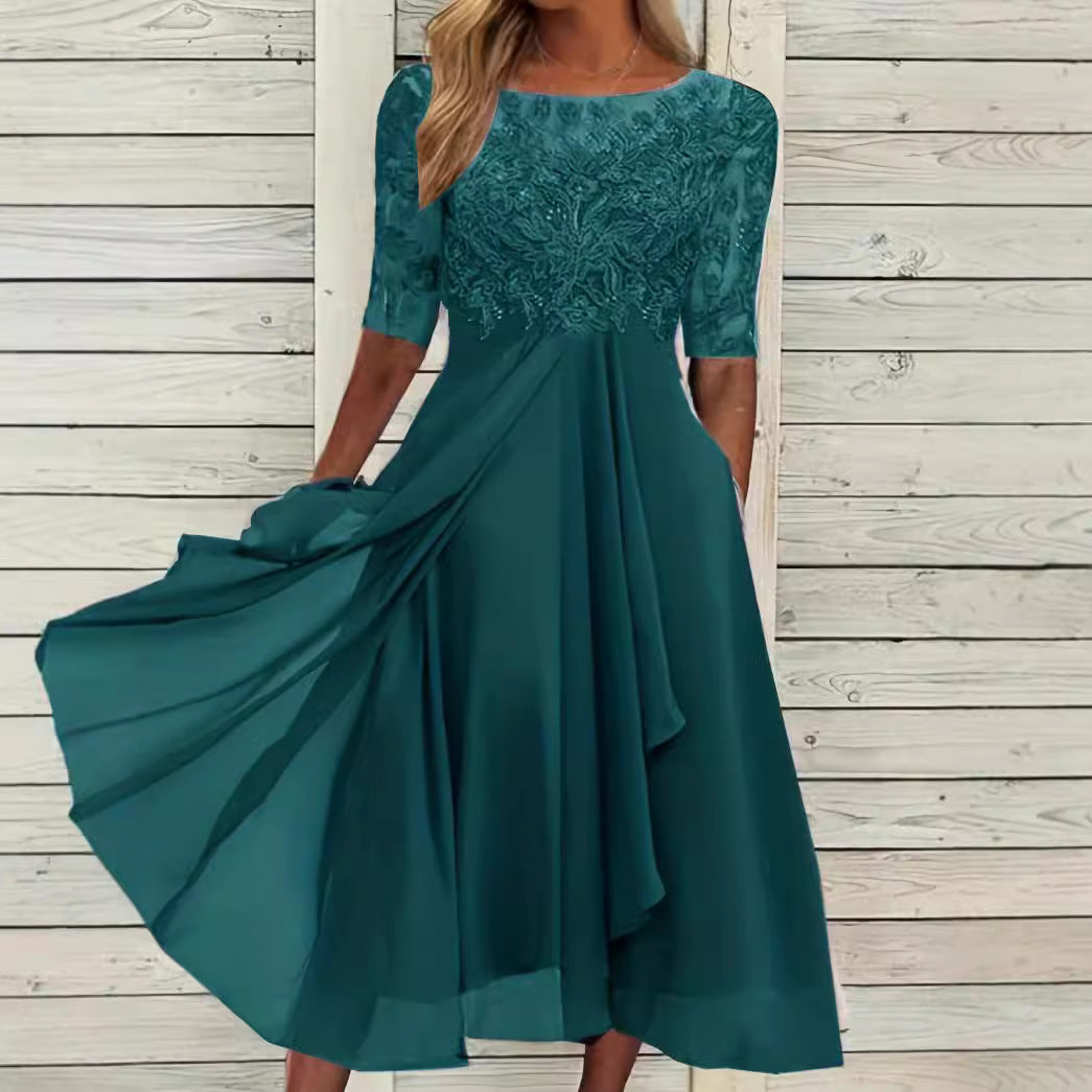 Dame Elegant Chiffon Aftenkjole med detaljeret Blondebroderi Stilla