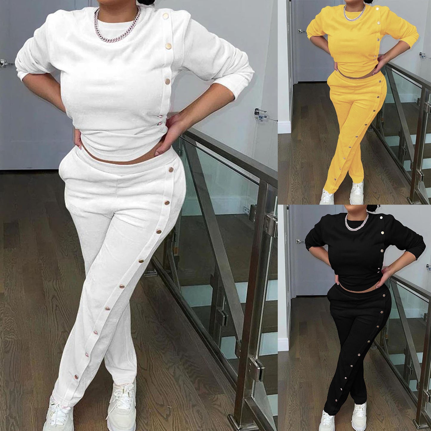 Dame Sporty fritidsoutfit med knapbart overdel og elastiske bukser Stilla