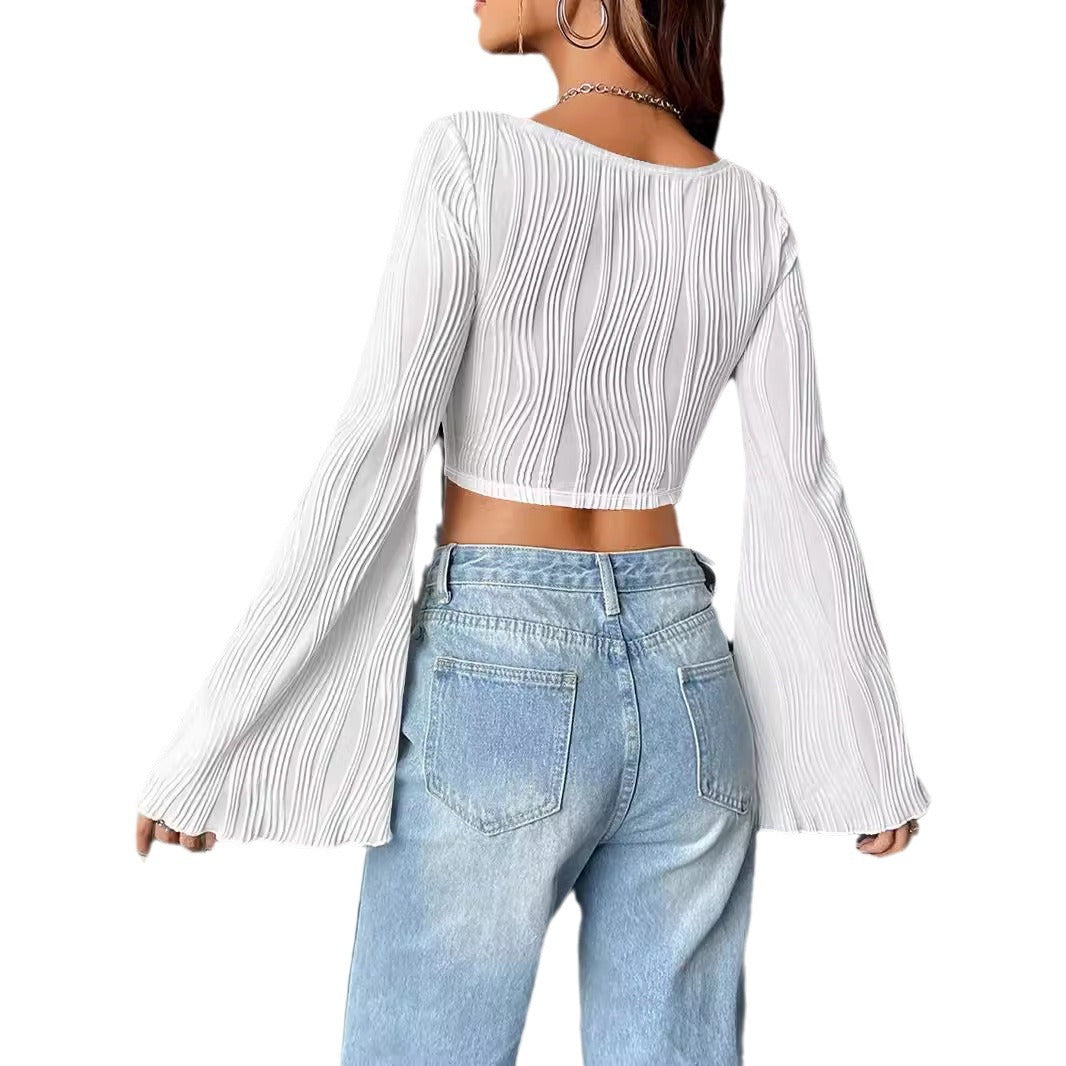 Dame Cropped Top med Volantærmer og Ribbstruktur Stilla