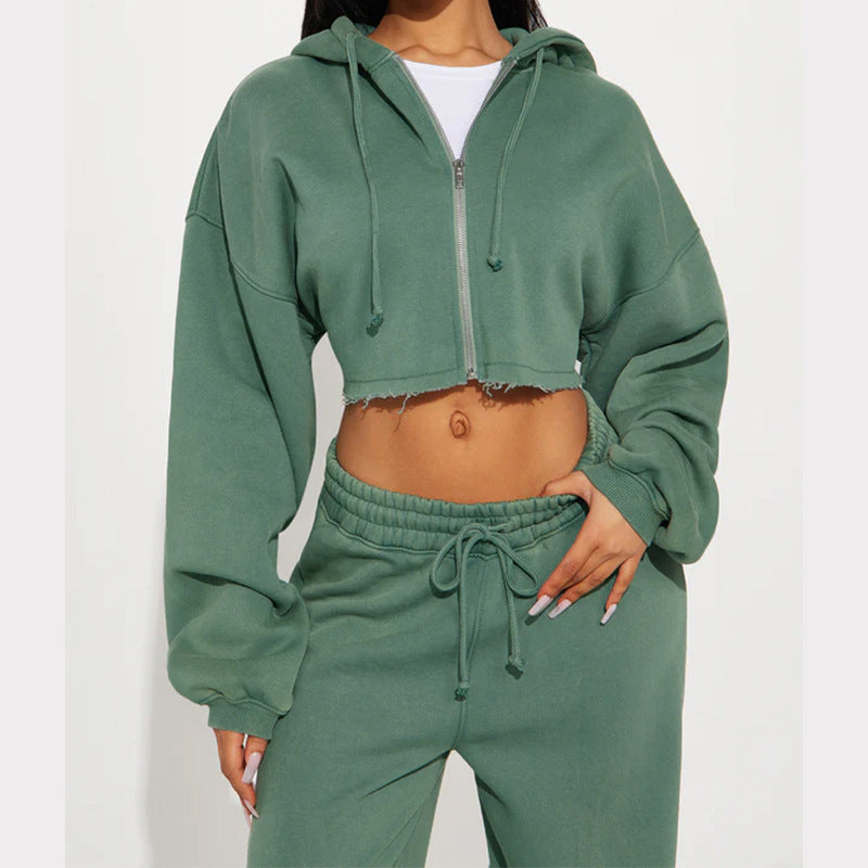 Dame afslappet oversized cropped sæt med lynlås og brede ben Stilla