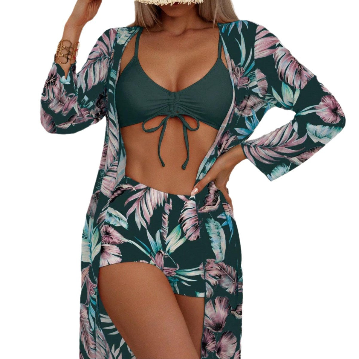 Dame Strandmode Sæt med blomstrende Kimono og Bikini Stilla