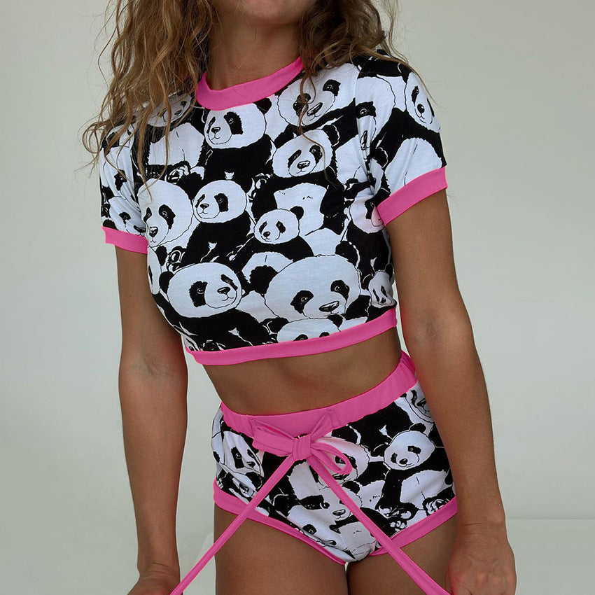 Dame Crop-Top og Shorts-Sæt med Pandamønster Stilla