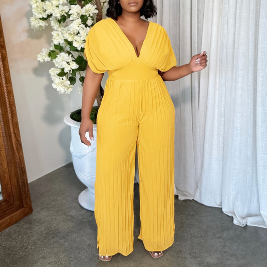 Dame Elegant Plisseret Jumpsuit med dyb V-udskæring og brede ærmer Stilla