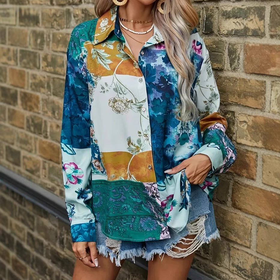 Dame dekorativ og legesyg designet bluse i patchwork-stil Stilla